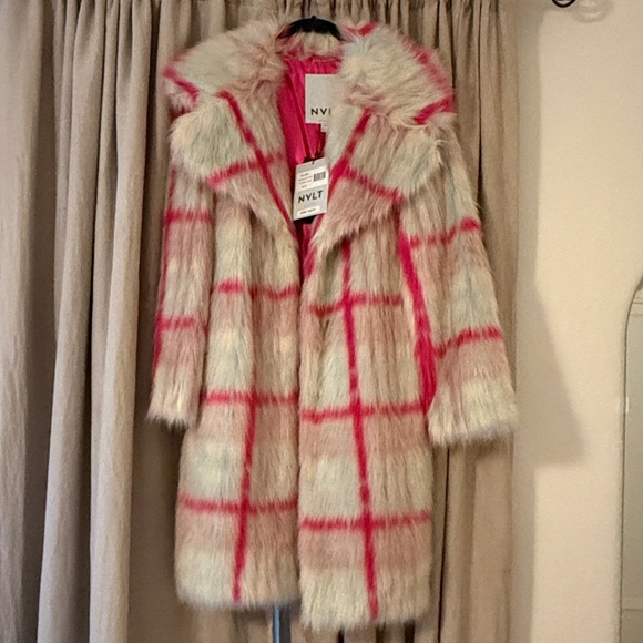 NVLT Anthropologie Tartan Plaid Faux Fur Coat - Pink and White - Picture 4 of 15